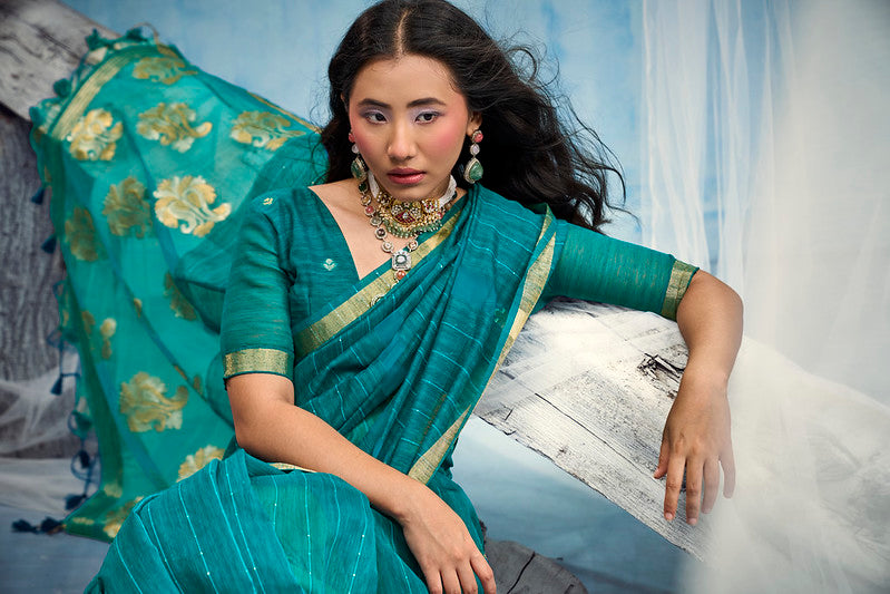 STORI Teal Blue Munga Silk Saree