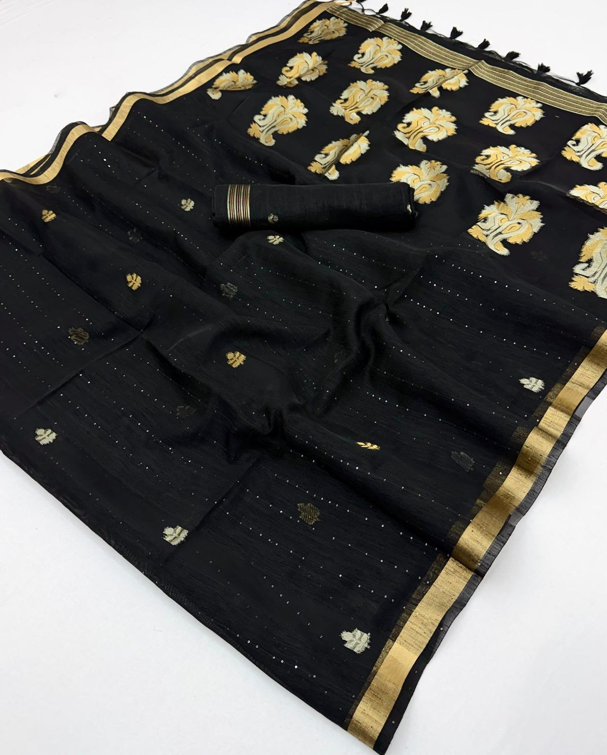 STORI Dark Black  Munga Silk Saree