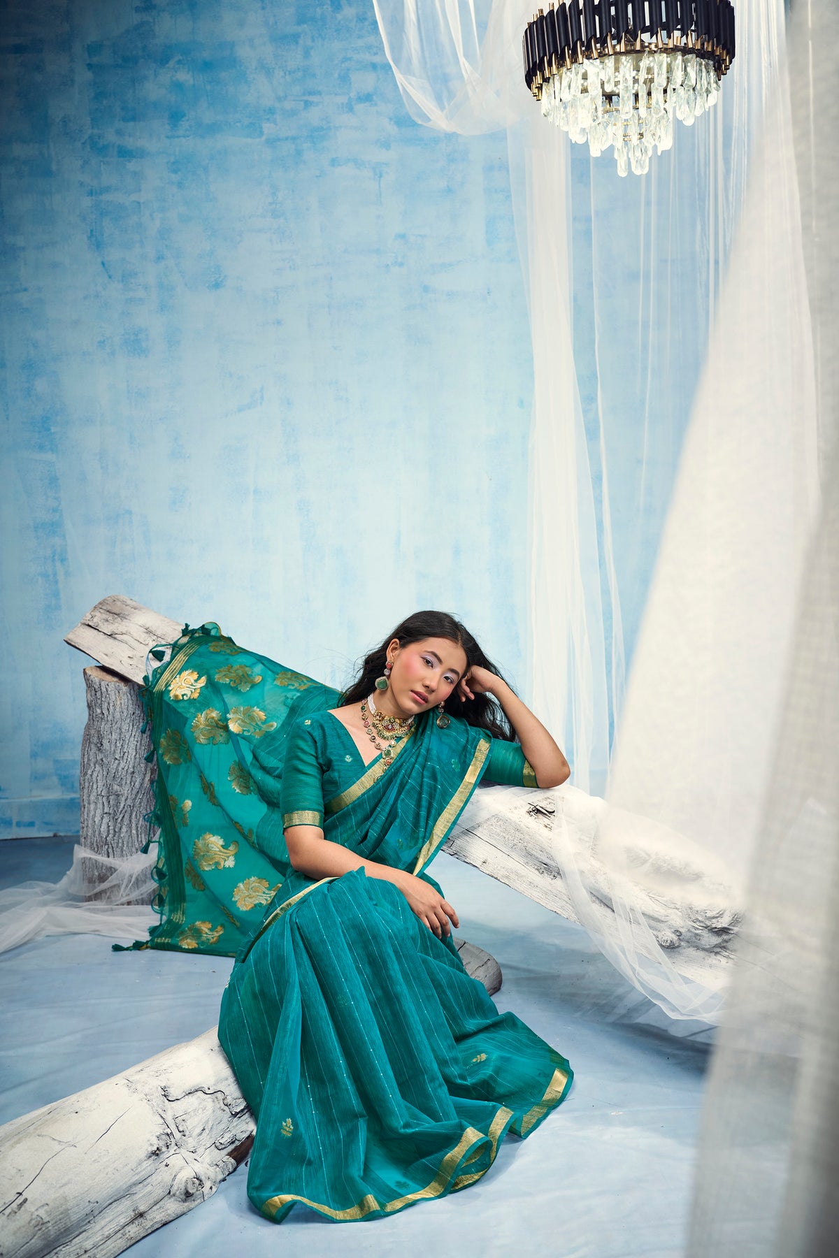 STORI Teal Blue Munga Silk Saree