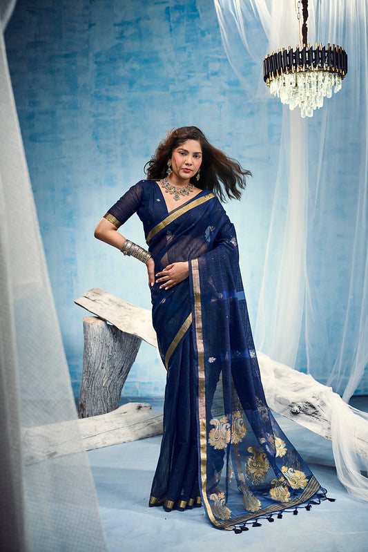 STORI Navy Blue  Munga Silk Saree