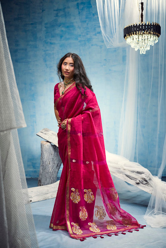 STORI Fuchsia Pink  Munga Silk Saree