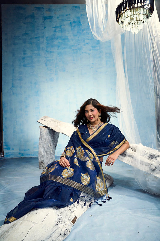 STORI Navy Blue  Munga Silk Saree