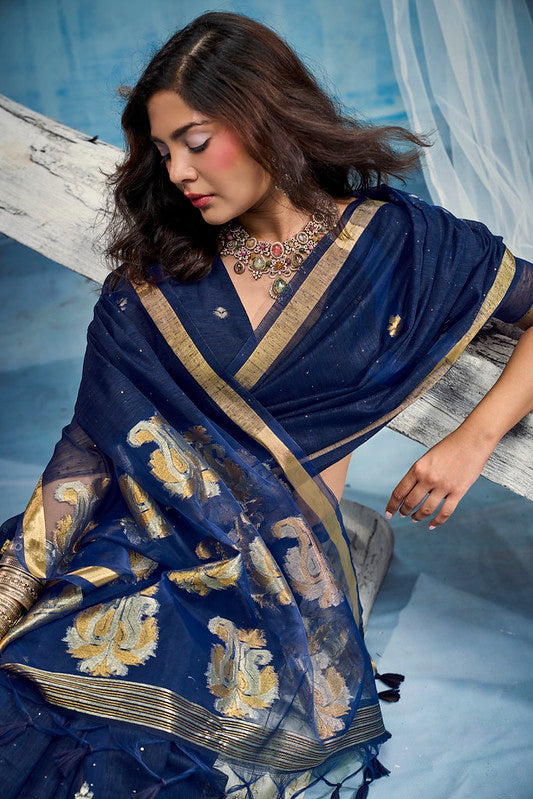 STORI Navy Blue  Munga Silk Saree