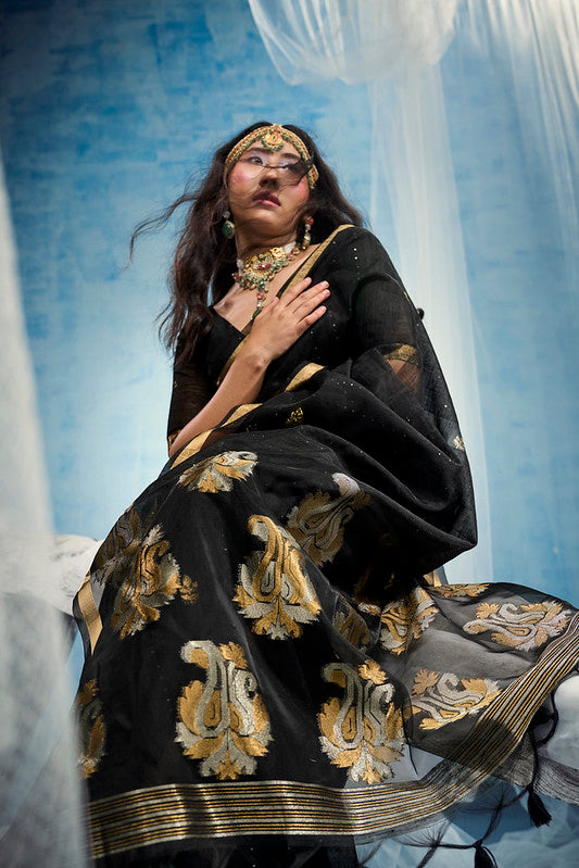 STORI Dark Black  Munga Silk Saree
