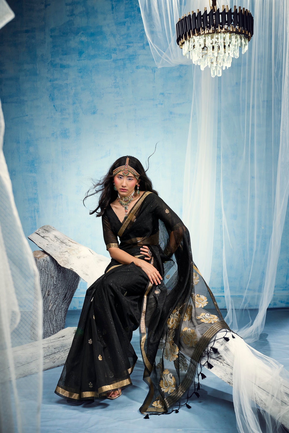 STORI Dark Black  Munga Silk Saree