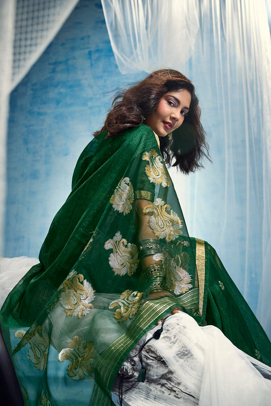 STORI Dark Green  Munga Silk Saree