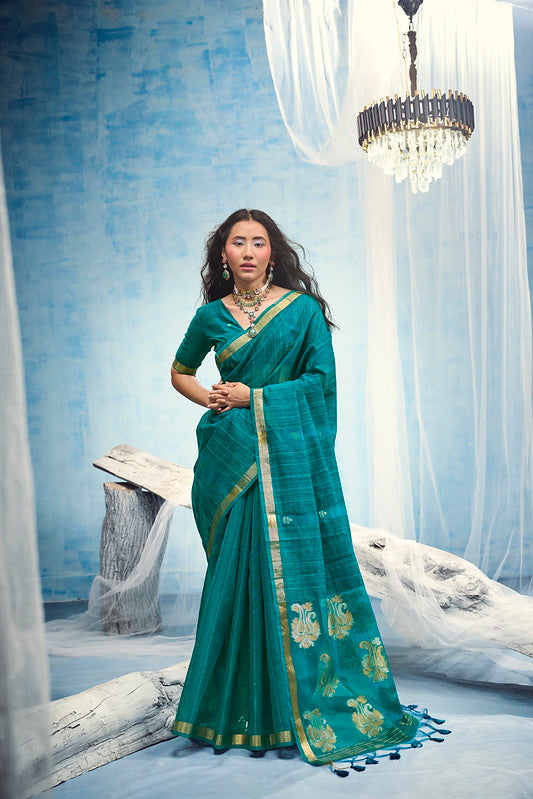 STORI Teal Blue Munga Silk Saree
