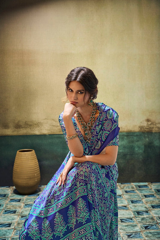Blue Ajrakh Satin Saree