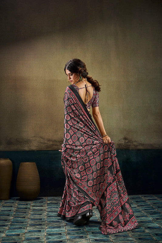 Black And Red Ajrakh Satin Saree