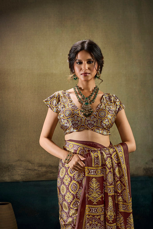 STORI Golden Ajrakh Satin Saree