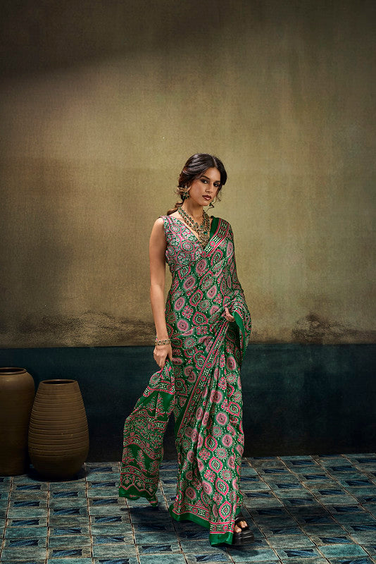 STORI green Ajrakh  Modal Satin Saree