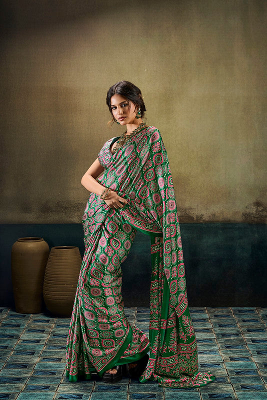STORI green Ajrakh  Modal Satin Saree