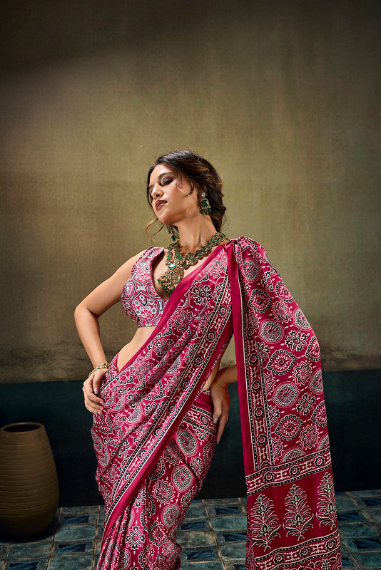 STORI Red Ajrakh Satin Saree