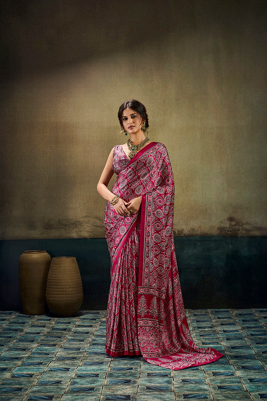 STORI Pink Ajrakh  Modal Satin Saree