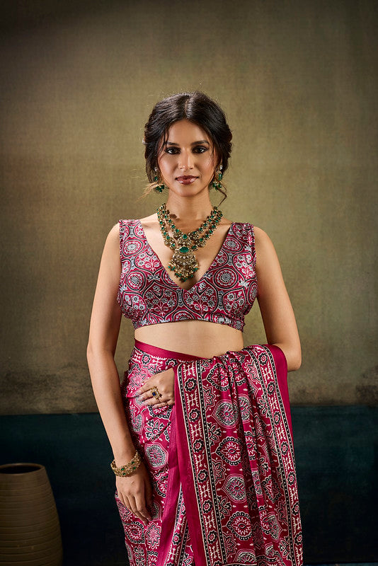 STORI Pink Ajrakh  Modal Satin Saree