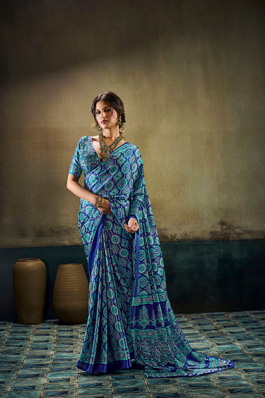 STORI Blue Ajrakh Satin Saree