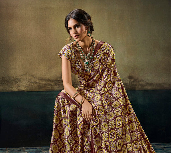 STORI Golden Ajrakh Satin Saree