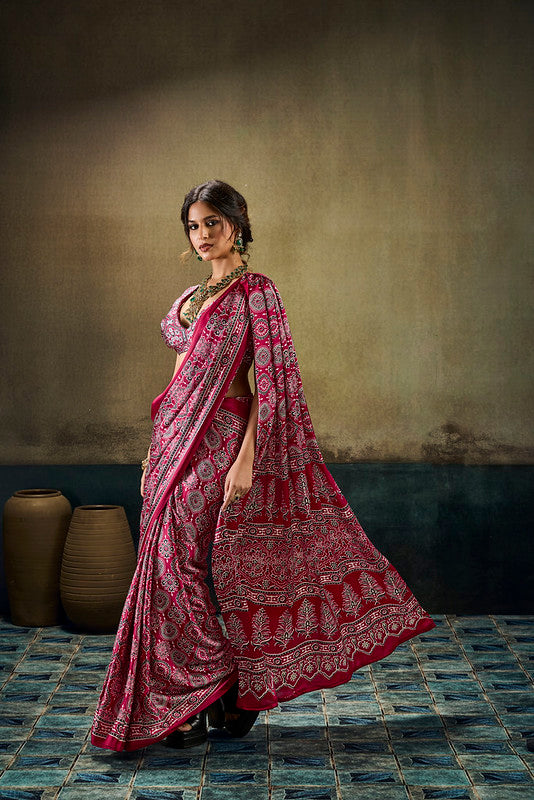 STORI Red Ajrakh Satin Saree