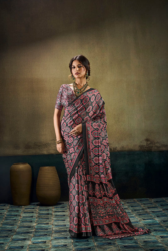 STORI Black And Red Ajrakh Satin Saree