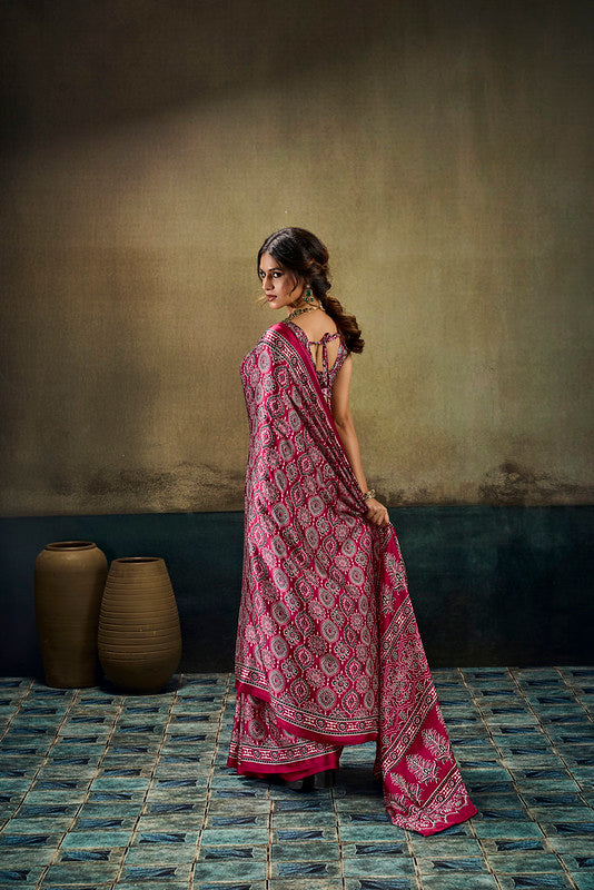 STORI Red Ajrakh Satin Saree