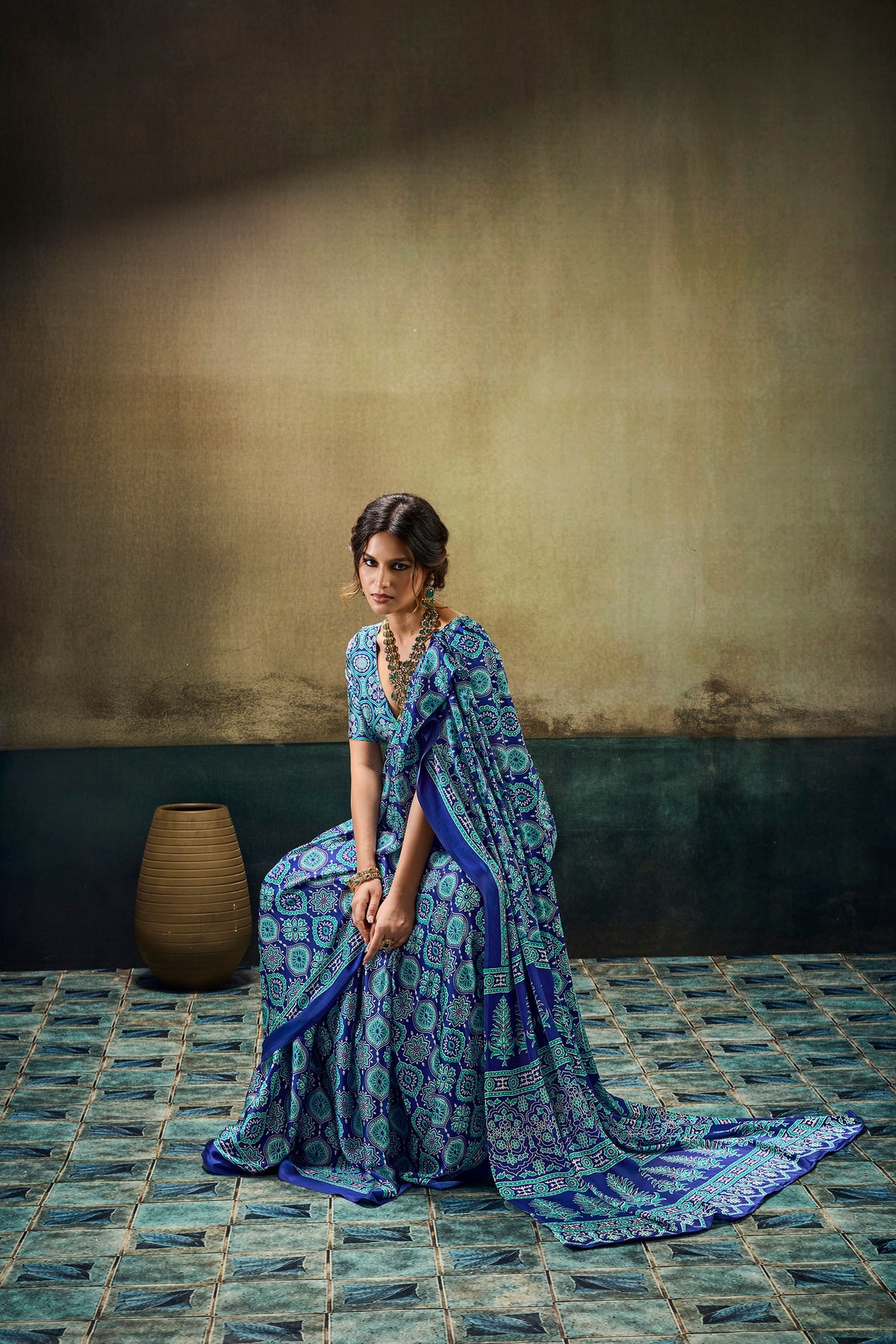 Blue Ajrakh Satin Saree