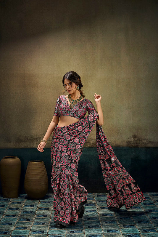Black And Red Ajrakh Satin Saree