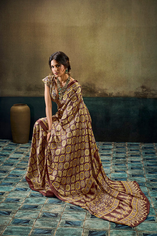 STORI Golden Ajrakh Satin Saree