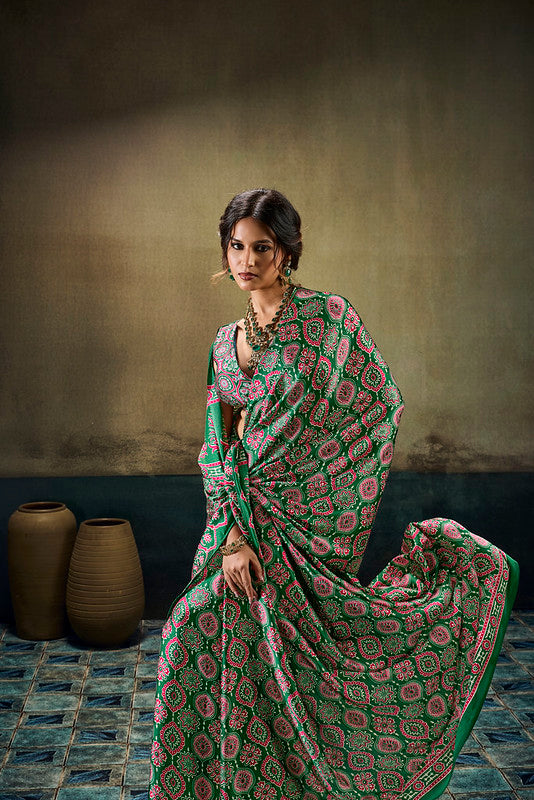 STORI green Ajrakh  Modal Satin Saree