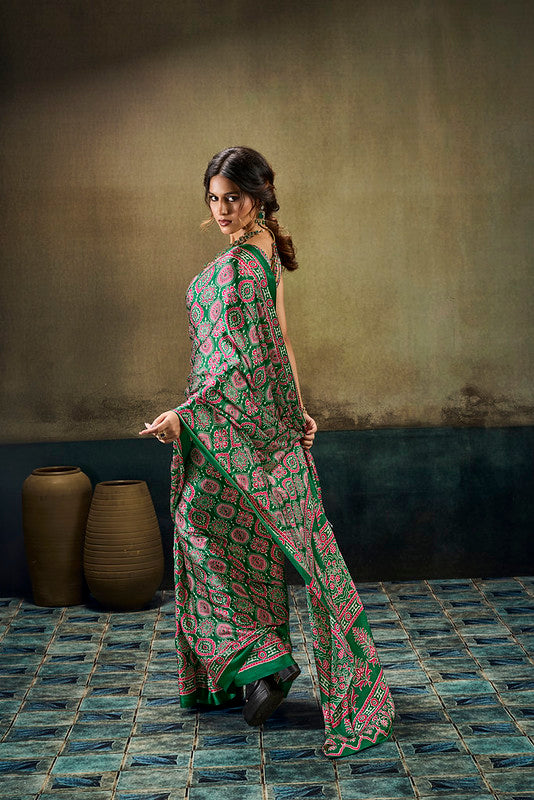 STORI green Ajrakh  Modal Satin Saree