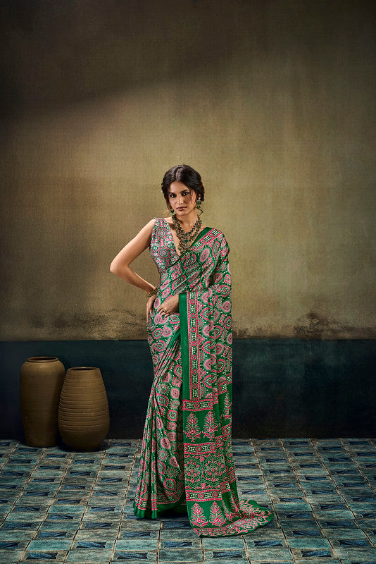 STORI green Ajrakh  Modal Satin Saree