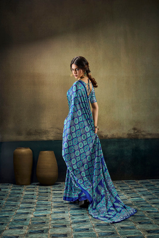 Blue Ajrakh Satin Saree