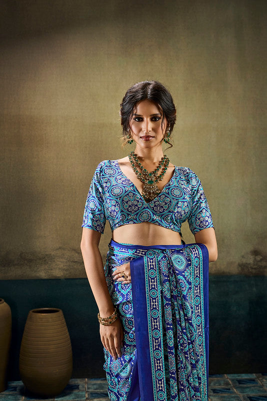 Blue Ajrakh Satin Saree
