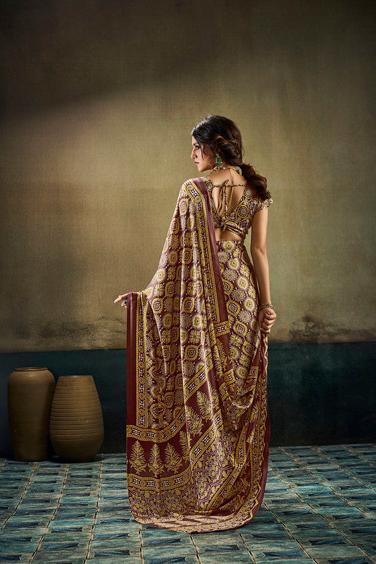 STORI Golden Ajrakh Satin Saree