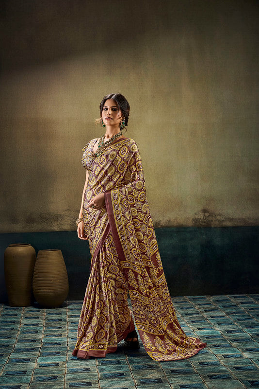 STORI Golden Ajrakh Satin Saree