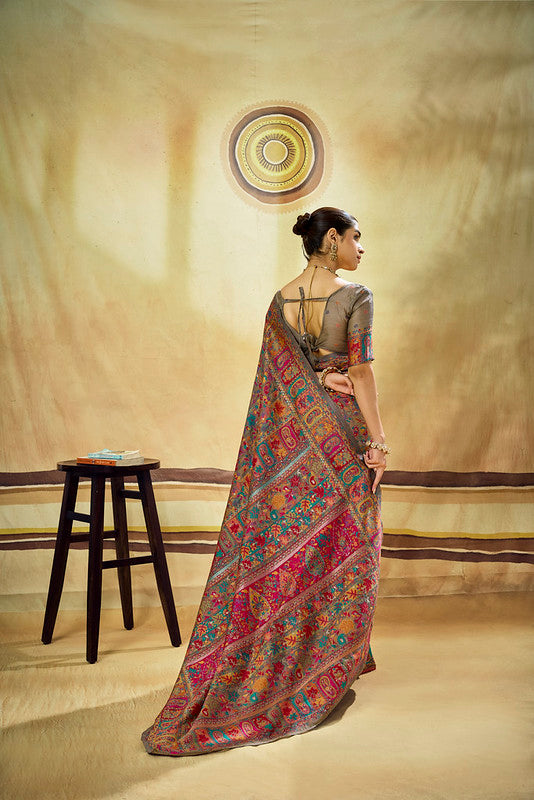 Grey Kashmiri Handloom Woven Munga Cotton saree