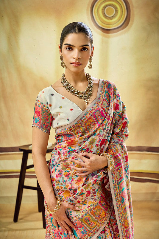 Pearl White Kashmiri Handloom Woven Munga Cotton Saree