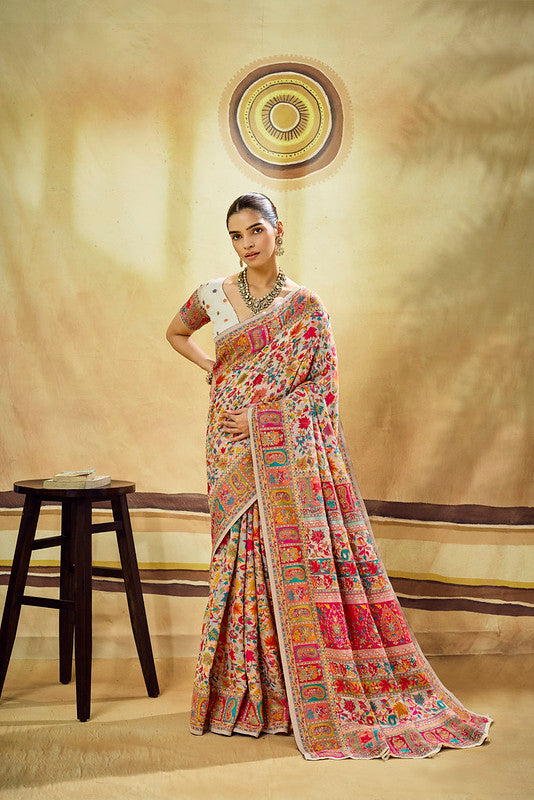 Pearl White Kashmiri Handloom Woven Munga Cotton Saree