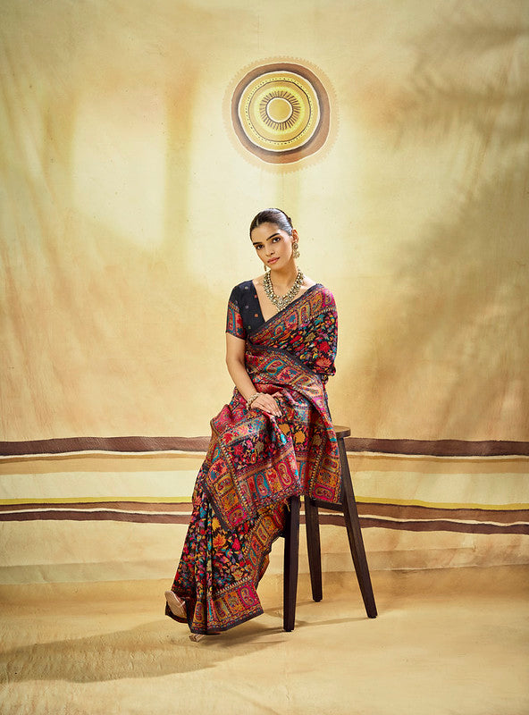 Black Kashmiri Handloom Woven Munga Cotton Saree