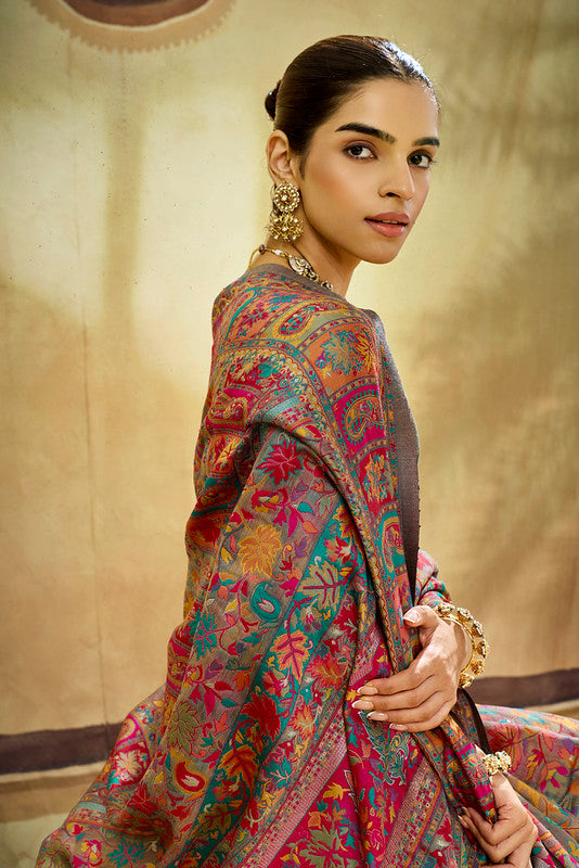 Grey Kashmiri Handloom Woven Munga Cotton saree