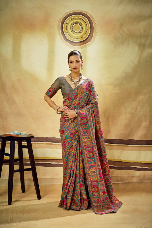 Grey Kashmiri Handloom Woven Munga Cotton saree