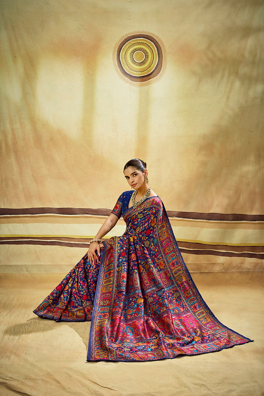  Blue Kashmiri Handloom Woven Munga Cotton Saree