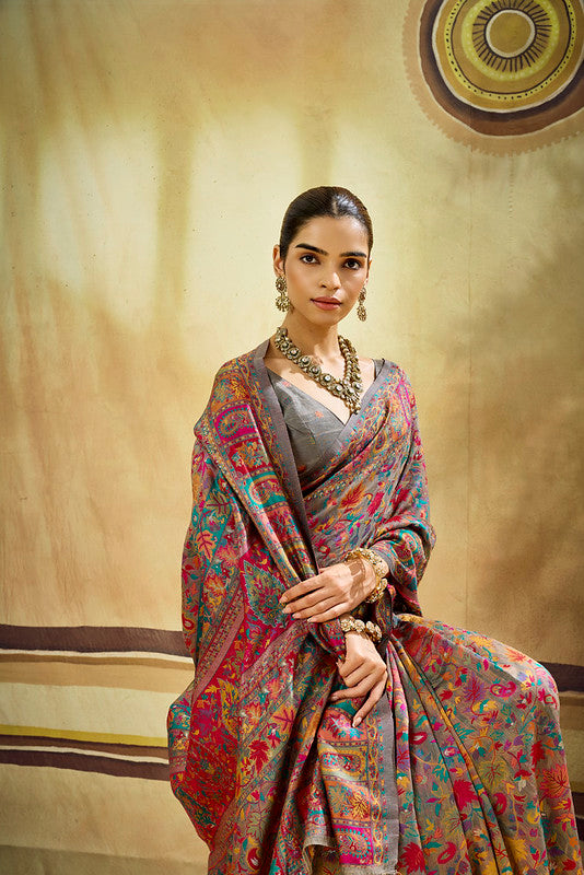 Grey Kashmiri Handloom Woven Munga Cotton saree