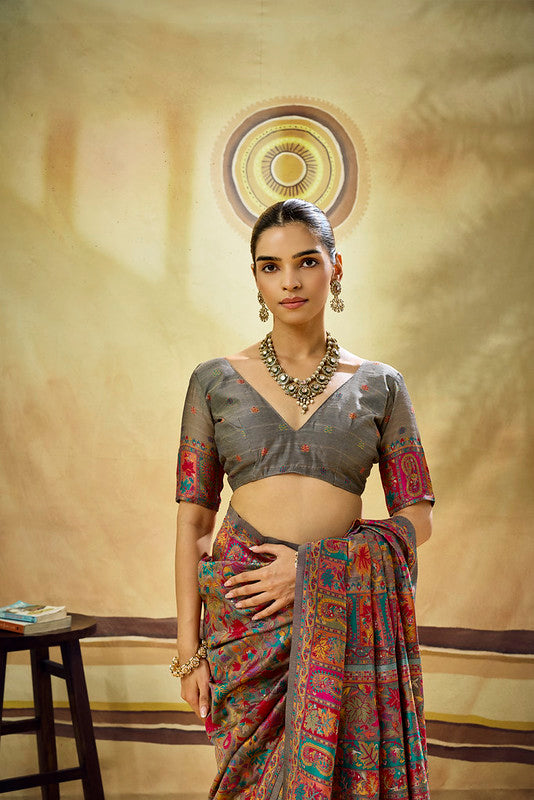 Grey Kashmiri Handloom Woven Munga Cotton saree