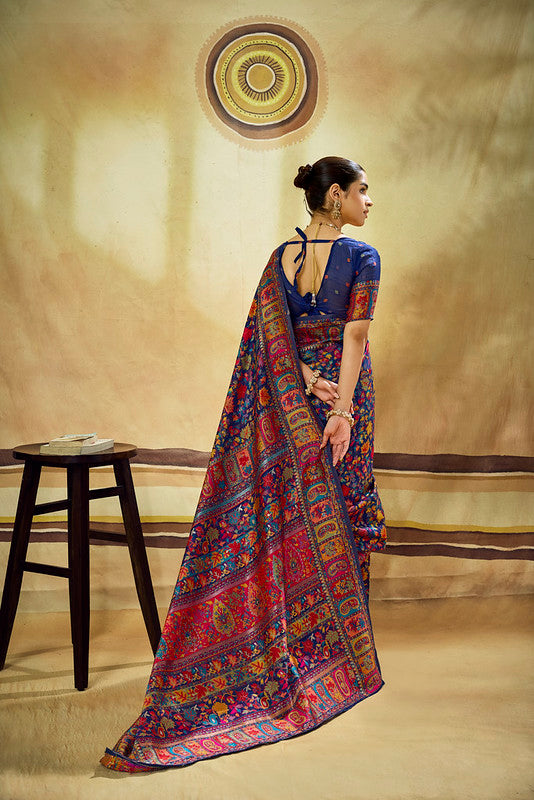 Blue Kashmiri Handloom Woven Munga Cotton Saree