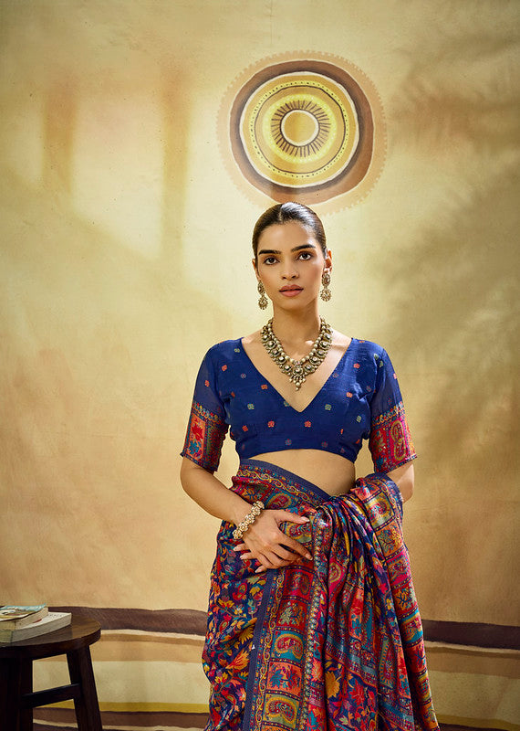  Blue Kashmiri Handloom Woven Munga Cotton Saree