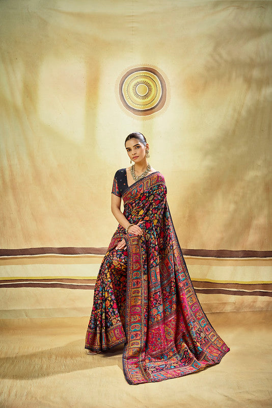 Black Kashmiri Handloom Woven Munga Cotton Saree