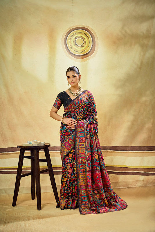Black Kashmiri Handloom Woven Munga Cotton Saree