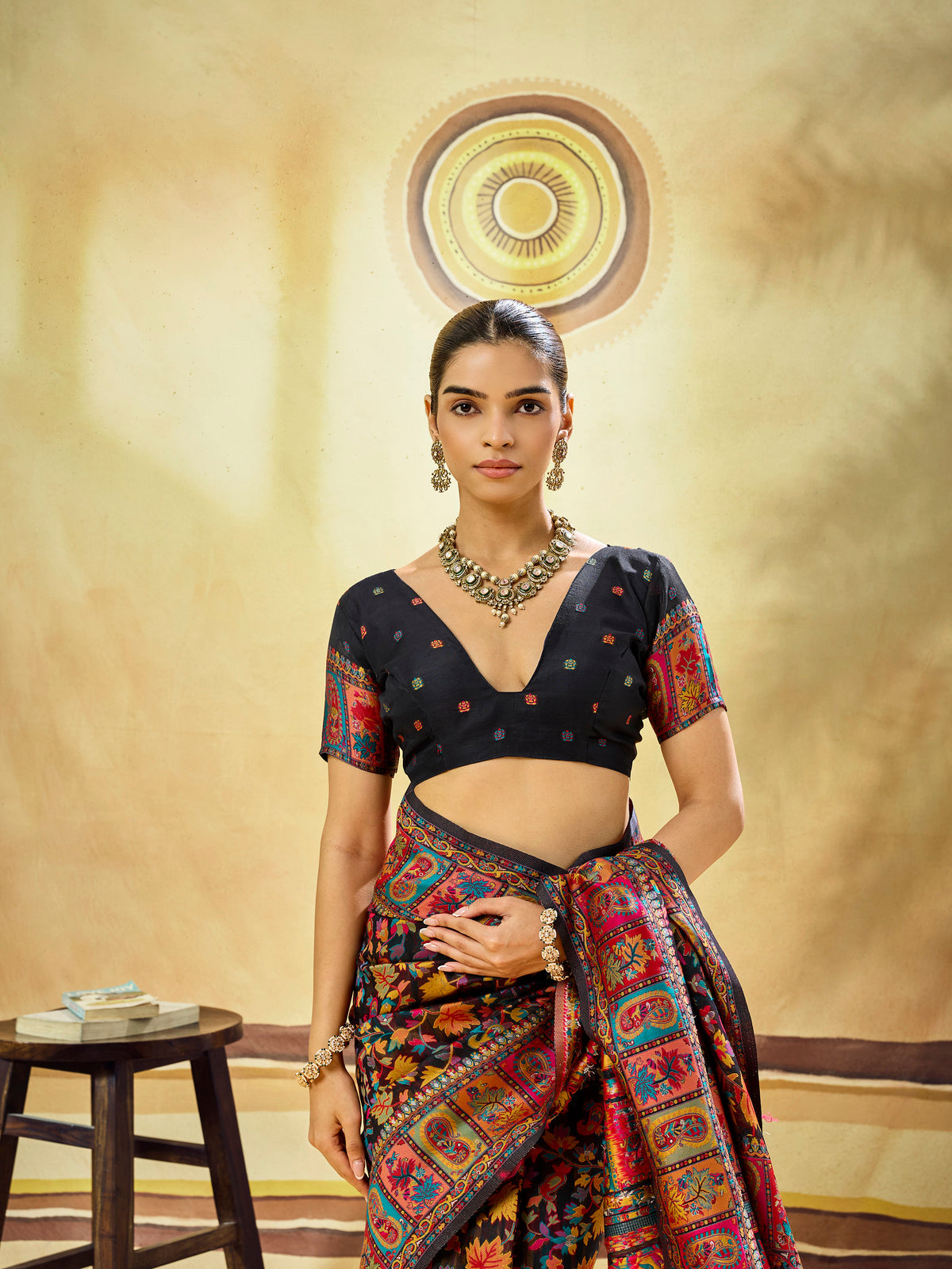 Black Kashmiri Handloom Woven Munga Cotton Saree