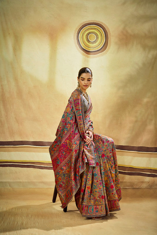 Grey Kashmiri Handloom Woven Munga Cotton saree