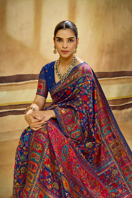 Blue Kashmiri Handloom Woven Munga Cotton Saree